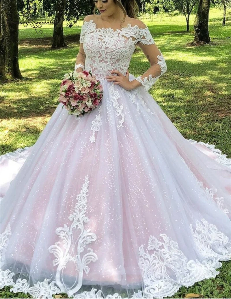 

Pink Princess Wedding Dresses for Women Lace Appliques Sequins Long Sleeve Ball Gown Bridal Gowns Plus Size Vestido De Noiva