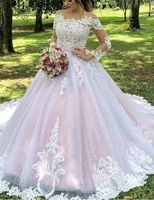 pink princess wedding dresses for women lace appliques sequins long sleeve ball gown bridal gowns plus size vestido de noiva