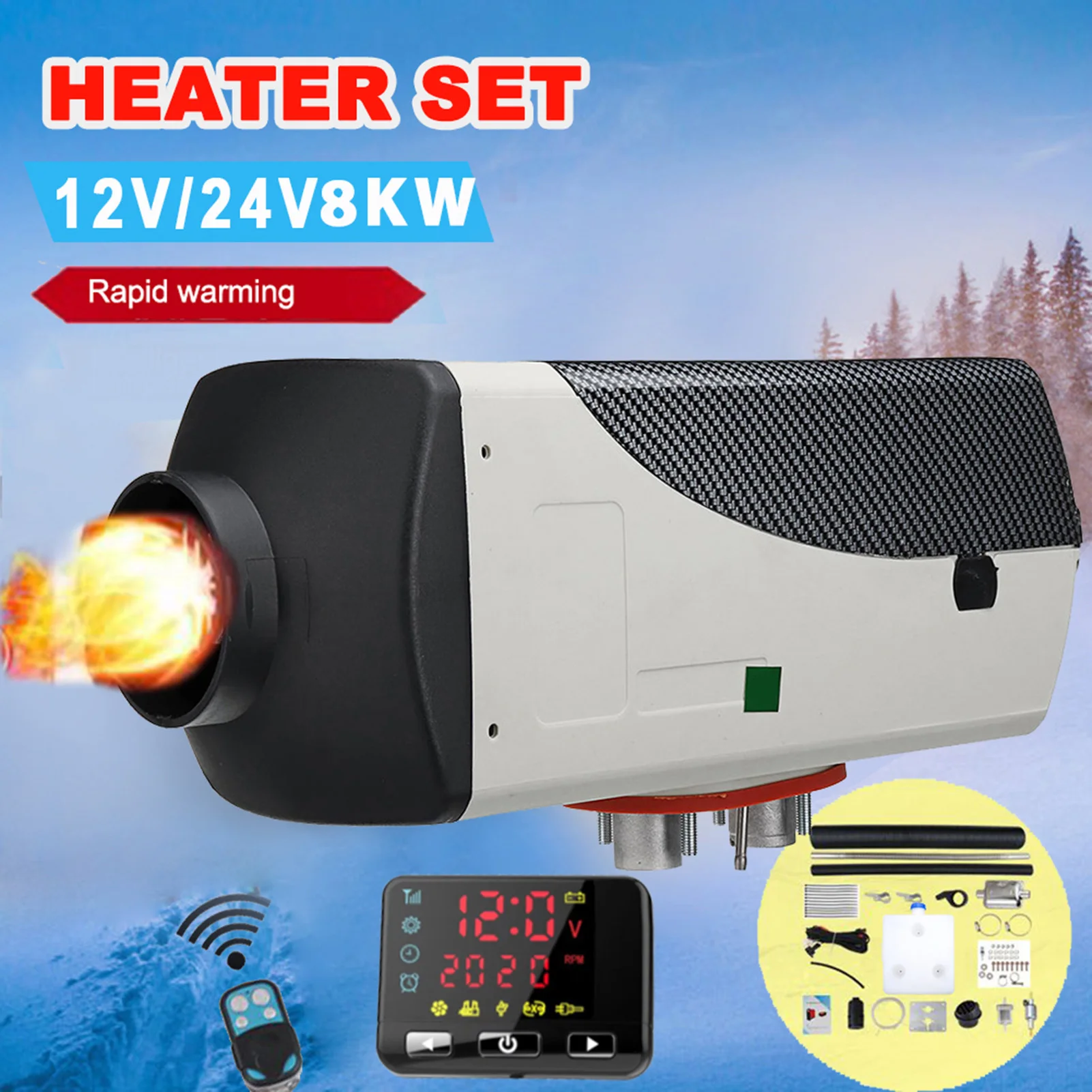 8KW Car Heater Set 12V/24v Diesels Fuel Air Heater Parking Heater With Remote Control LCD Monitor For Motorhome Trailer Trucks