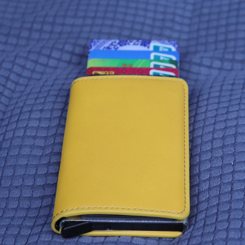 RFID Blocking Credit Card Holder Genuine Leather Men ID Card holder Mini Wallet Vintage Metal Automatic Anti-theft Card Wallet