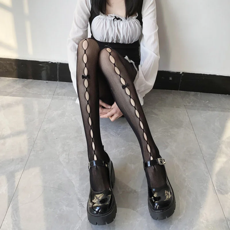 

Fashion Bowknot white stockings women's thin spring summer JK Japanese cute lace Hollow out socks tide ins black pantyhose