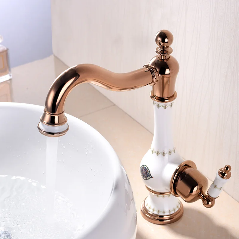 

All copper rose gold European style ceramic single handle short body washbasin basin head single hole cold and hot fauce tap