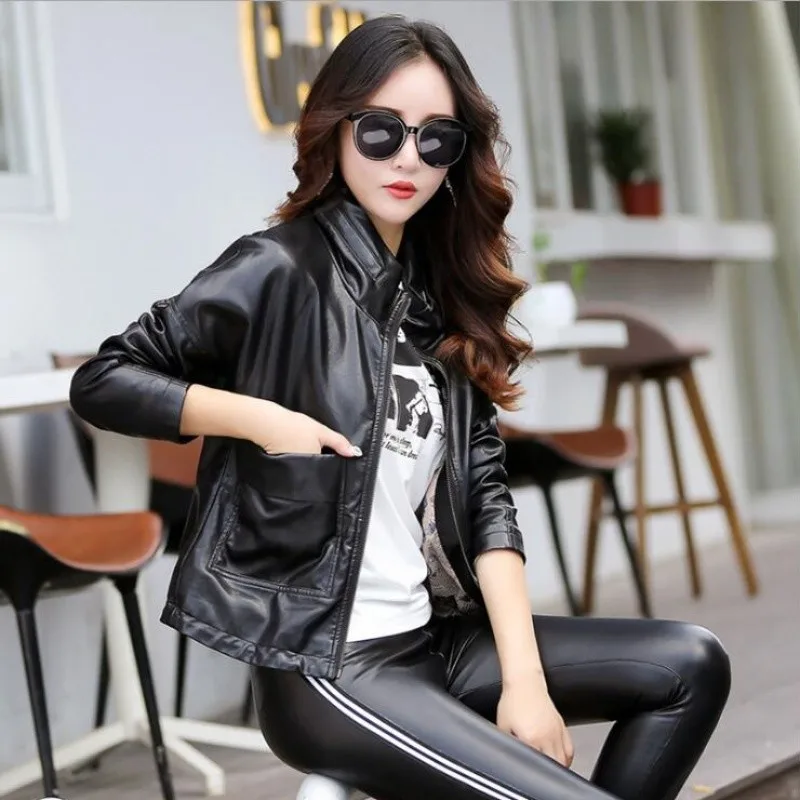 2022 Spring New Haining Leather Jacket Women Short Korean Slim Thin Stand Collar Sheepskin Coat Female Fashion Trend Outerwear