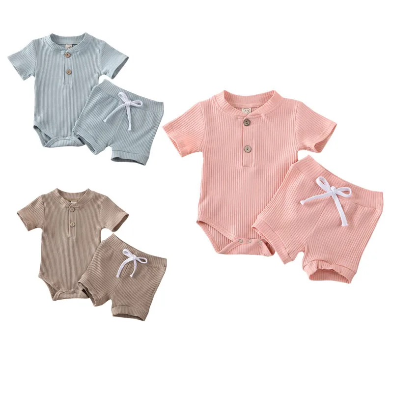 Одежда для новорожденных мальчиков и девочек трикотажный однотонный костюм с