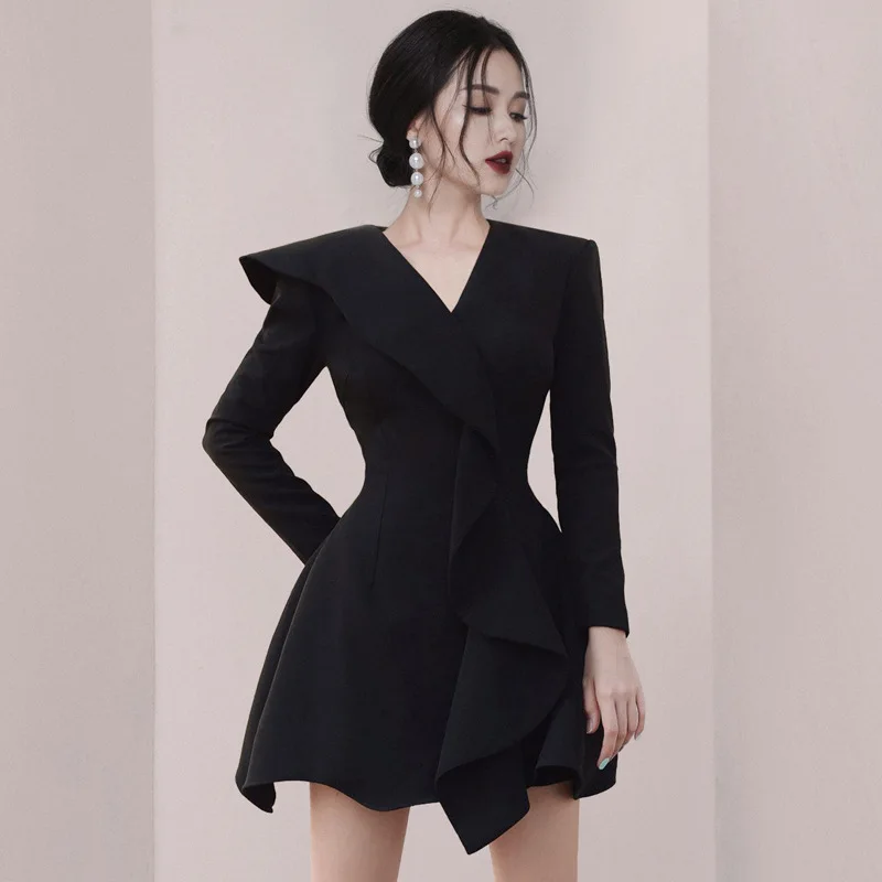 

V-Neck Black Autumn Party Dress Women Long Sleeve Elegant Casual Mini Dress Office Lady Ruffles Zipper Plus Size Hepburn C865