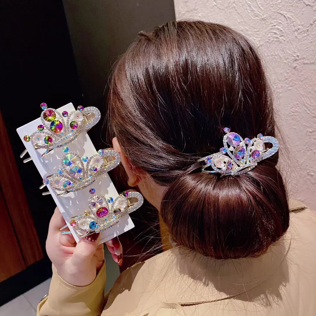 

New Winter Hair Accessories For Women Color Shiny Crystal Stone Crown Back Head Barrettes Crab Ponytail Holder Spring Clip