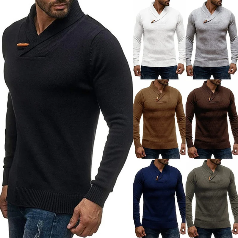 

Мужские свитера, осенние модные базовые свитера, приталенный вязаный свитер с воротником-шалью, пуловер, повседневный винтажный свитер с дл...