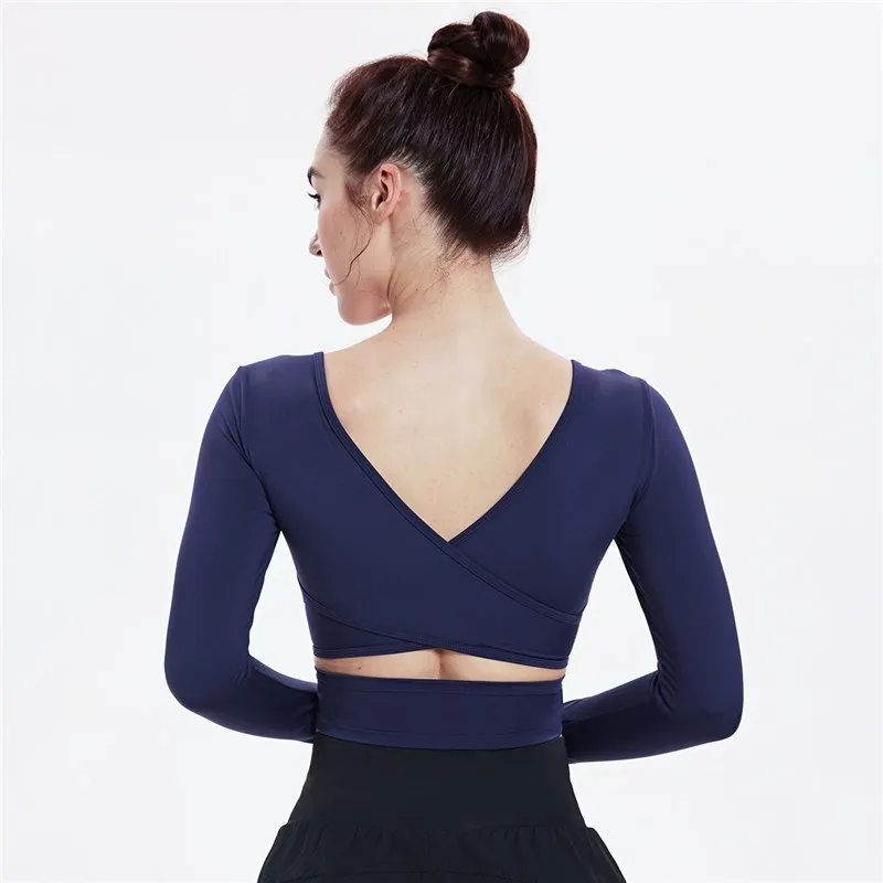 High Quality Women Sexy Backless Slim Sports Tee Crop Top Yoga Shirts Gym Fitness Long Sleeve Workout Female Workout T-Shirts