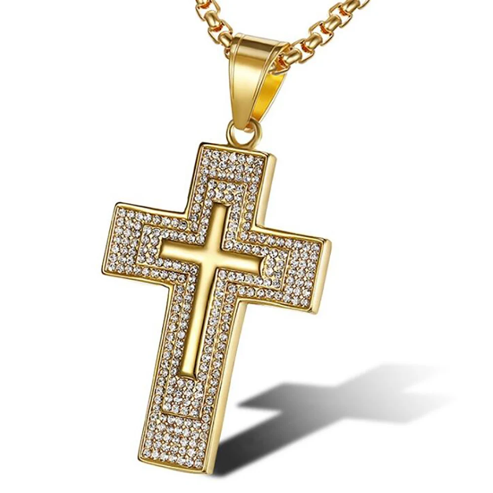 

Stainless Steel Gold Cross Christ Cz Stone Men Punk Rock Pendant Necklace Religious Gift For Him with Chain