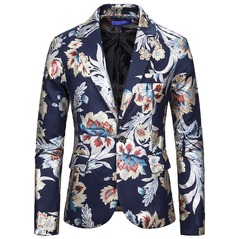 Single Button Printed Floral Blazer Men Luxury New Formal Slim Fit Wedding Party Jacket Suit Men Blazzer Hombre White Black Navy images - 2