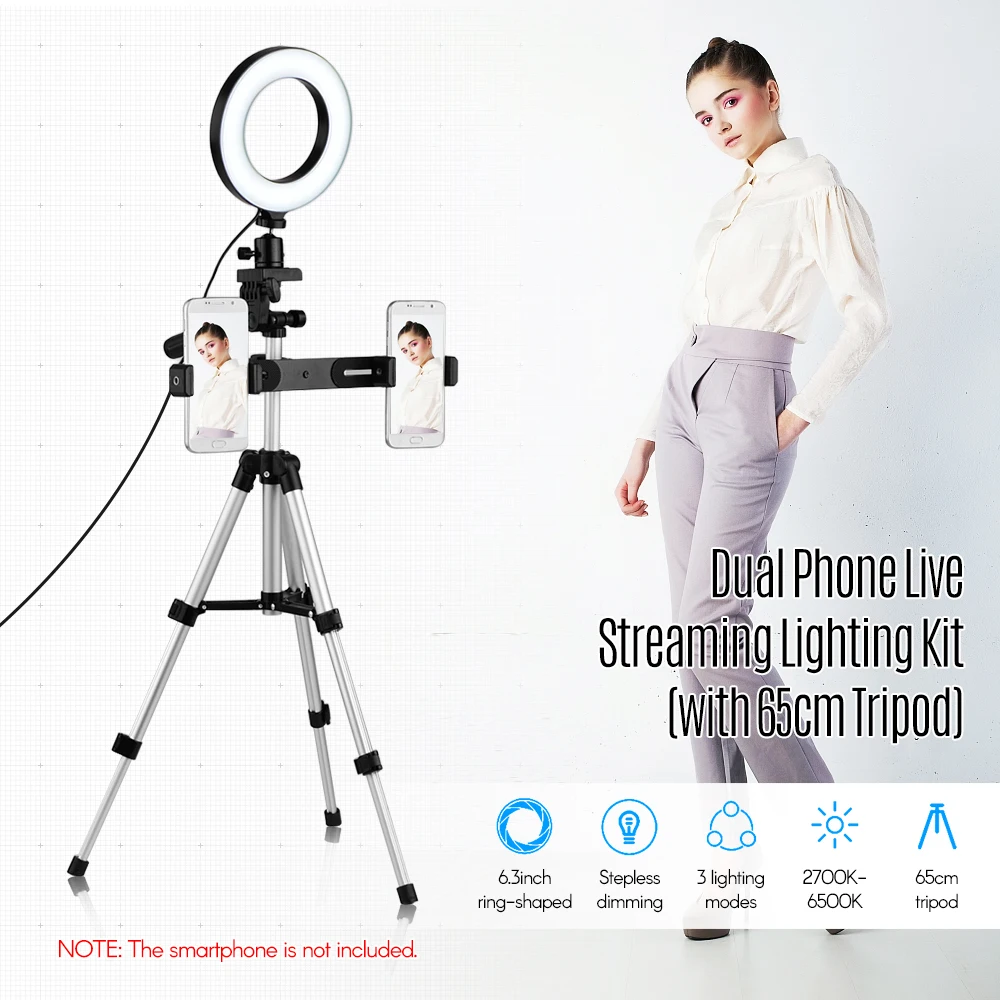 

6.3inch/16cm 2700K~6500K Bi-color Dimmable USB Ring Video Light+Portable Tabletop Tripod+Dual-Phone Holder+ BT Remote Control