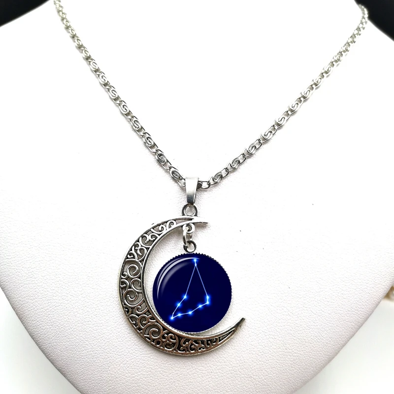 2020 Creative Retro Starry Sky 12 Constellation Cabochon Glass Moon Pendant Clavicle Chain Necklace Birthday Gift