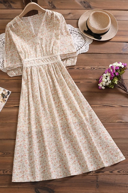 

2021 Spring New French Retro Temperament V-Neck Waist Slimming Chiffon Floral Mid-Length Long-Sleeved Dress