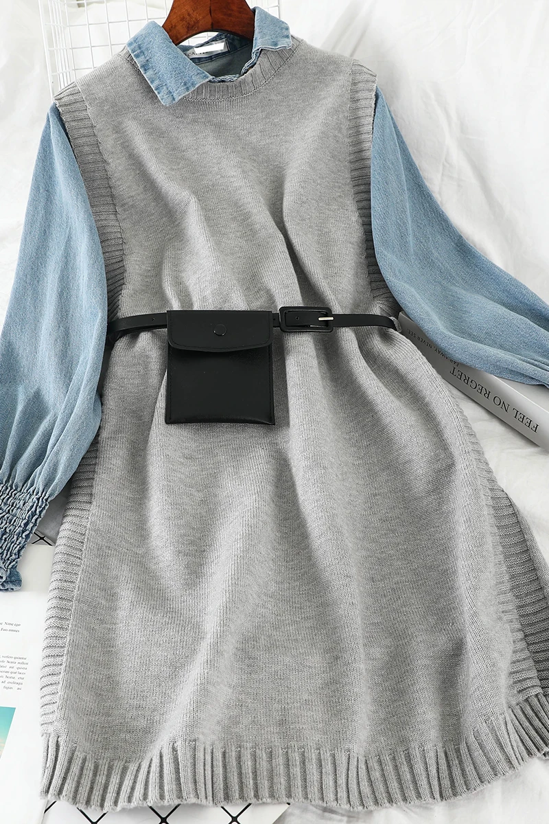 2019 Новая модная женская одежда зимняя джинсовая рубашка + трикотажное платье из