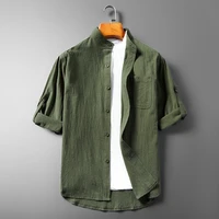 linen trend mens cotton and linen autumn new korean version of the trend of casual mens shirt cotton and linen three quarter s