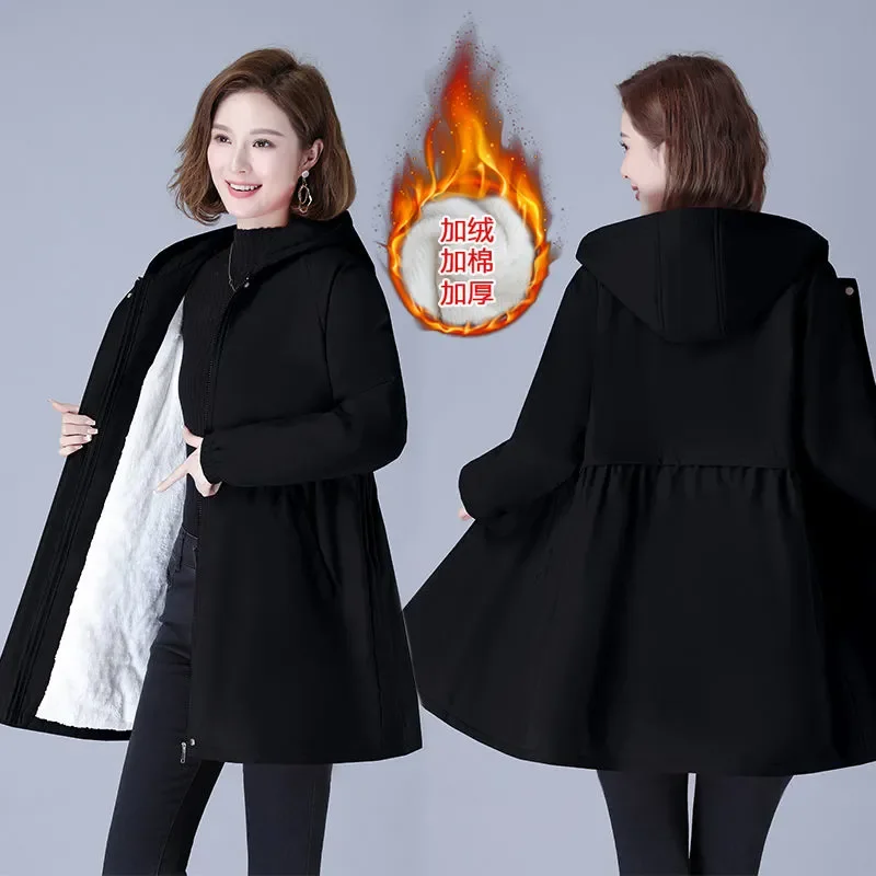 

Plus Velvet Padded Jackets Women Winter New Cotton-Padded Jacket Mid-Length Coat Hooded Overwear Female Loose Outcoat