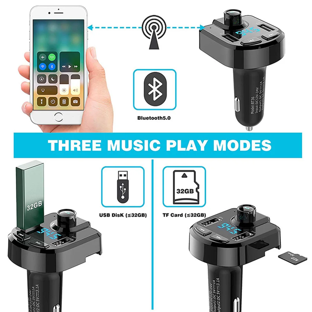 Car FM Transmitter 3.6A MP3 Adapter Bluetooth 5.0 Dual USB TF Card Receiver Stereo Music Charger Handsfree |