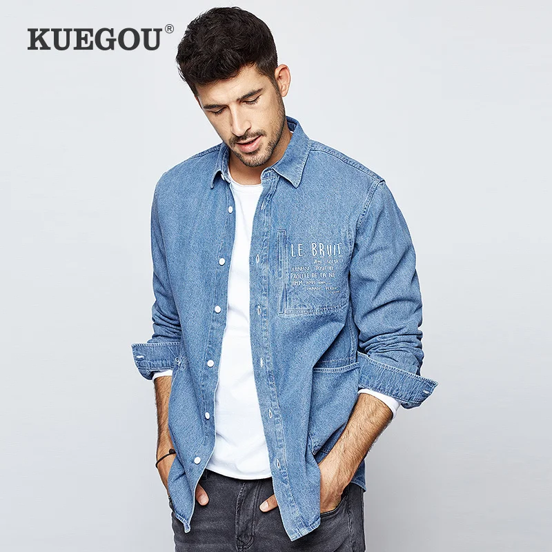 KUEGOU 2019 Осенняя 100% хлопковая джинсовая рубашка с принтом мужская повседневная