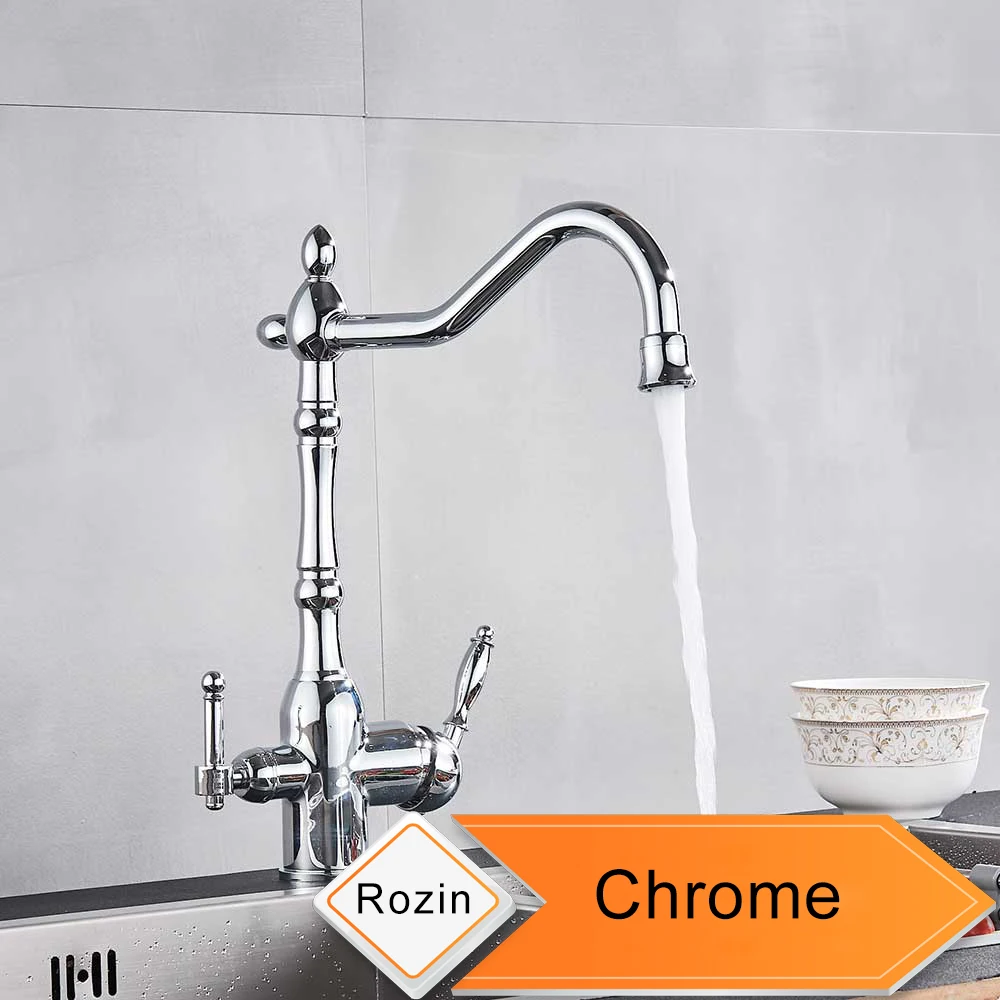Chrome Золотой фильтр для воды, кухонный кран с двумя ручками, кухонный кран для питьевой воды, латунный поворотный носик 3 в 1, очиститель воды, кран для раковины - Цвет: Chrome