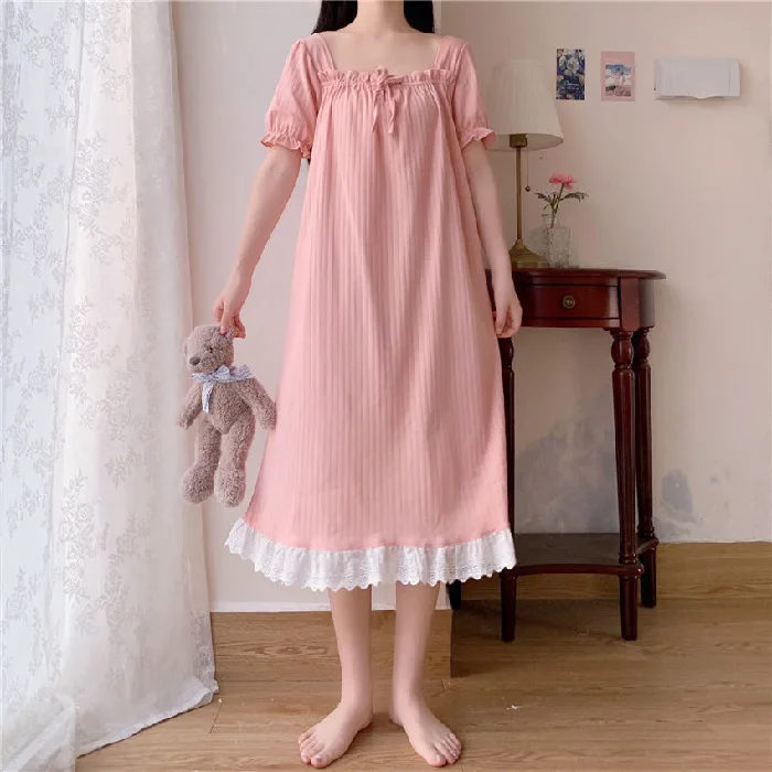 2021 Summer Princess Nightdress Women's Short Sleeve Thin Court Style Sweet Lace Nightgown Lady Mid Long Dress Female Sleepwear