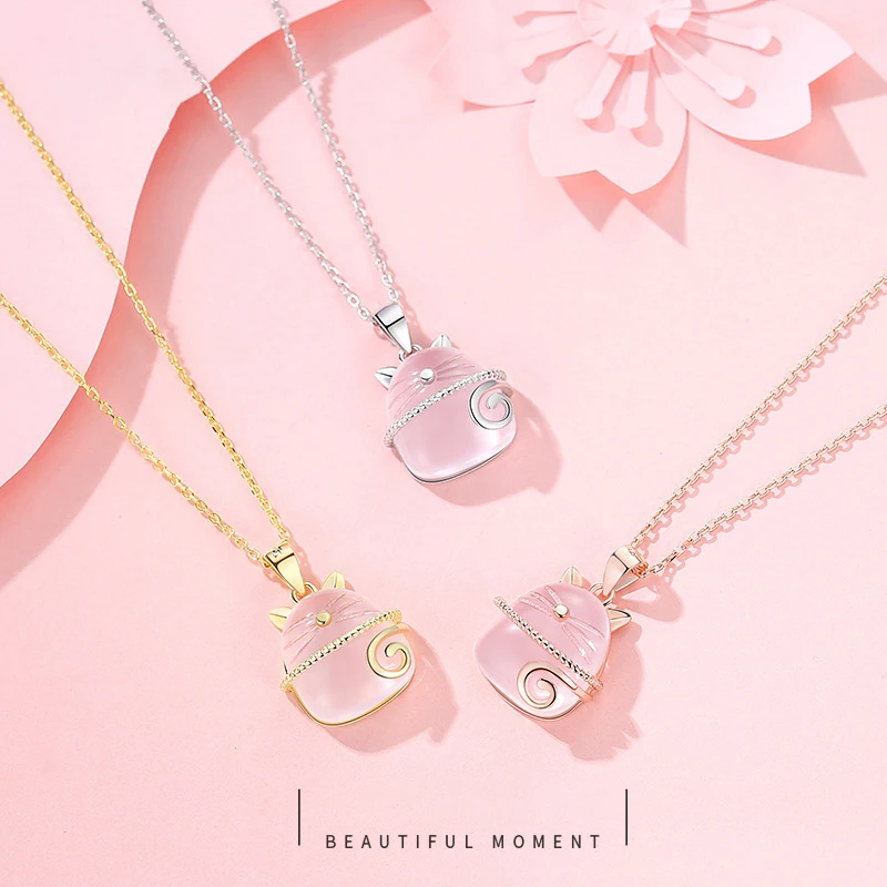 

S925 Sterling Silver Cat Necklace Pink Crystal Lucky Pendant Gold Plated 14k Clavicle Chain for Female Anniversary Gift