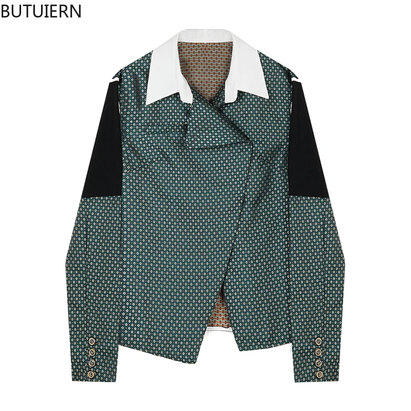 

Vintage Plaid Blouses For Ladies Spliced Party Lapel Irregular Cardigan Chic Shirts Women Long Sleeve Slim Classic Blusas Tops