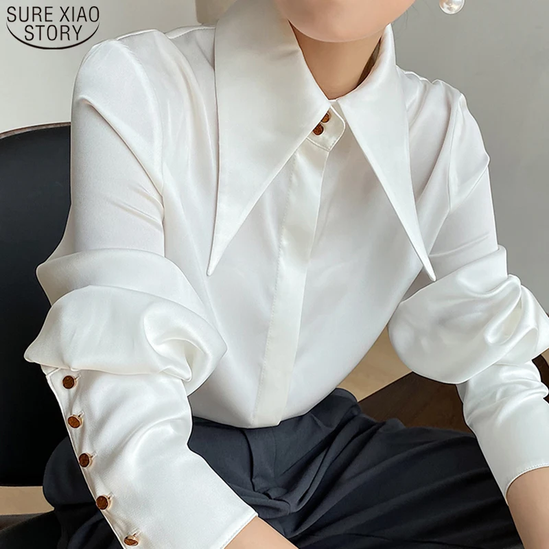 

НОВАЯ шикарная винтажная женская блузка, Элегантная атласная шелковая женская рубашка на пуговицах, осенняя белая Повседневная Женская од...