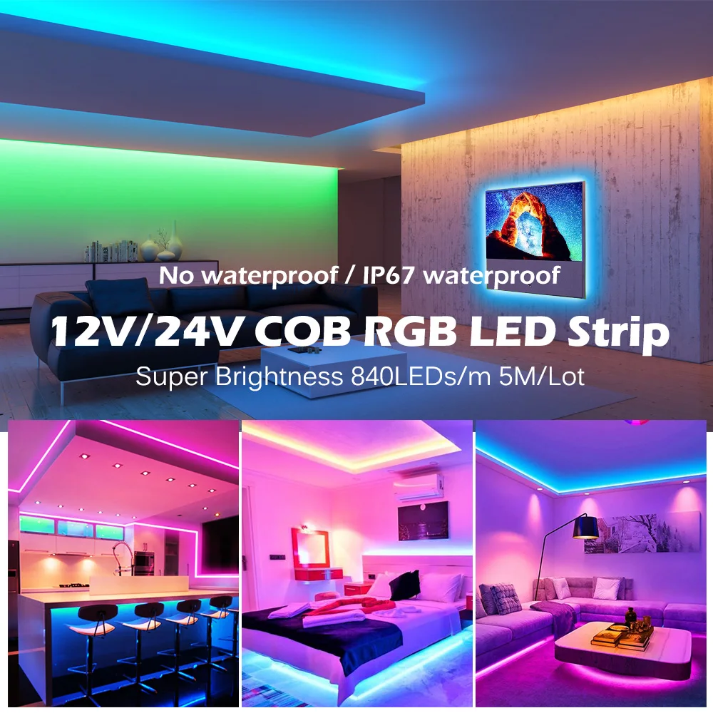 Светодиодная лента RGB COB 840 светодиодов 10 мм 12 В постоянного тока 24 гибкая высокая