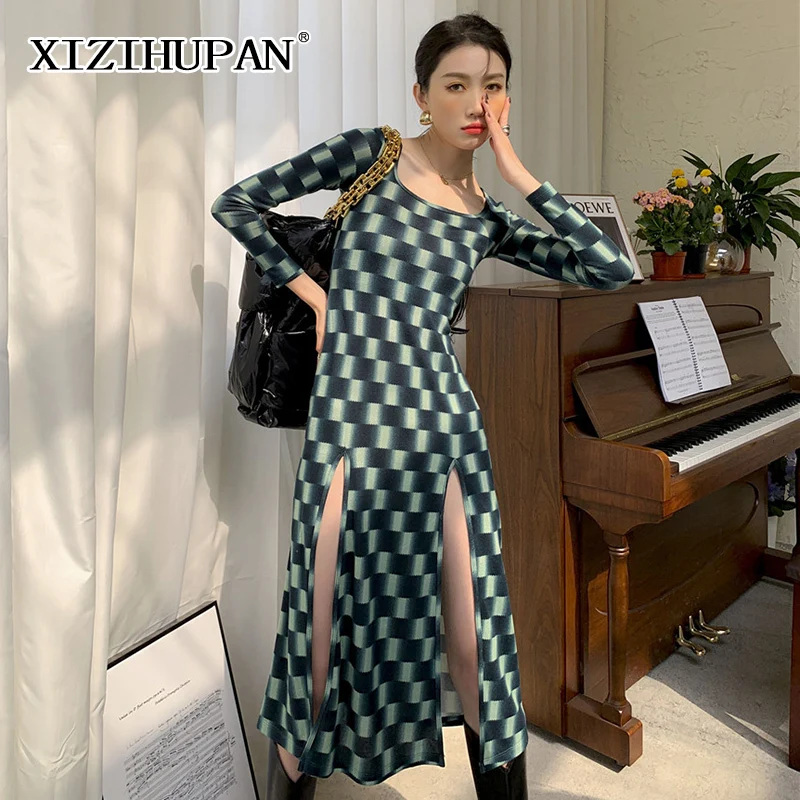 

XIZIHUPAN Knitted Plaid Dress For Female Square Collar Long Sleeve High Waist Split Slim Women's Sexy Dresses 2021 Fashion Style