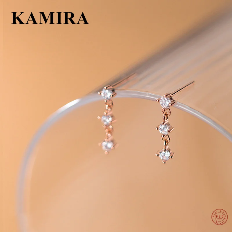 

KAMIRA 925 Sterling Silver Korean Shiny Zircon Pendant Stud Earrings for Women Teen Wedding Romantic Piercing Royal Jewelry Gift