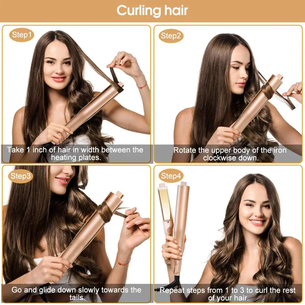 

Gold Titanium Twist Flat Iron 2 in 1 Hair Curling & Hair Straightener Irons Styling 1 Inch Fast Straightening & Curls Salon Tool