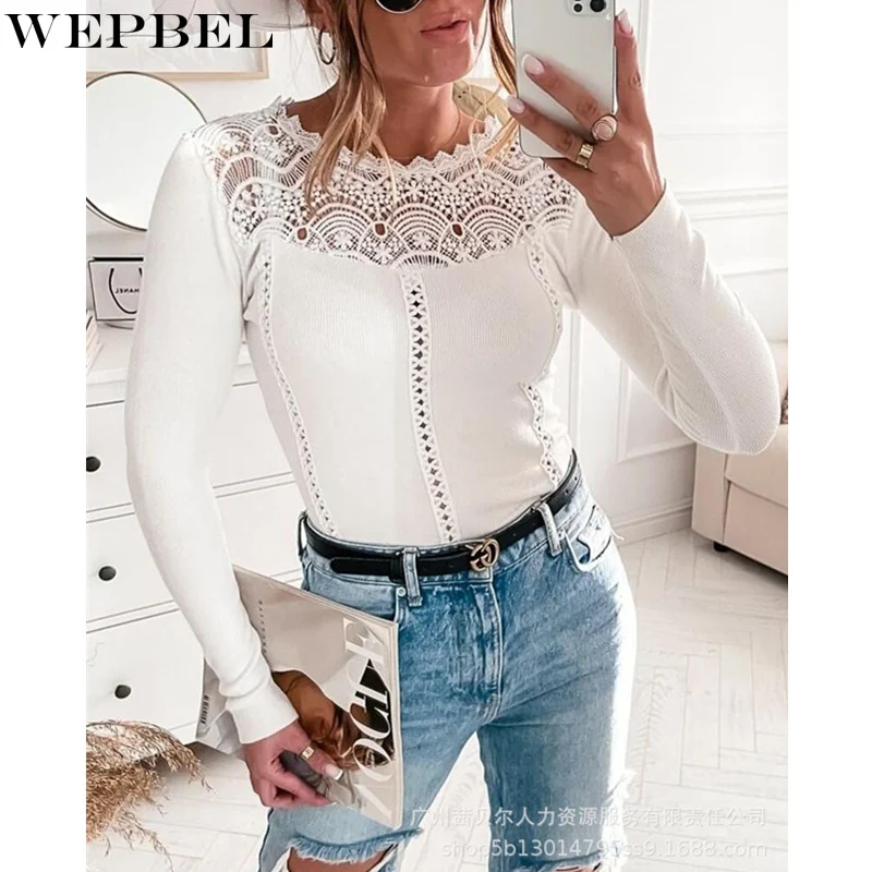 

WEPBEL Women's Elegant Hollow Out Shirt Top Ladies Sexy Autumn Long Sleeve O Neck Slim Fit T-shirt