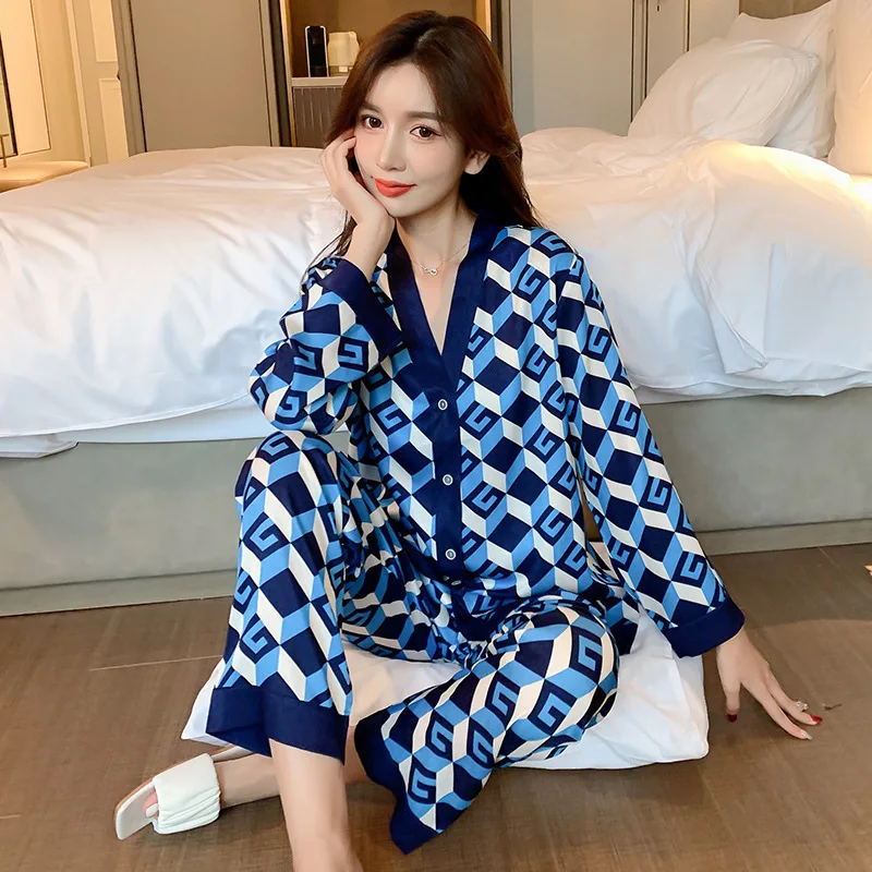 

Plaid Pajamas Set Shirt&Pants Casual Sleep Sets Nightgown Rayon 2PCS Sleepwear Turn-down Collar Homewear Spring Pijamas Suit