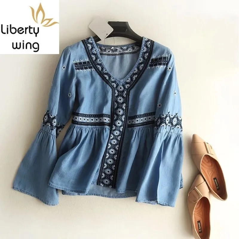 Весенние Новые короткие джинсовые рубашки с v образным вырезом для женщин