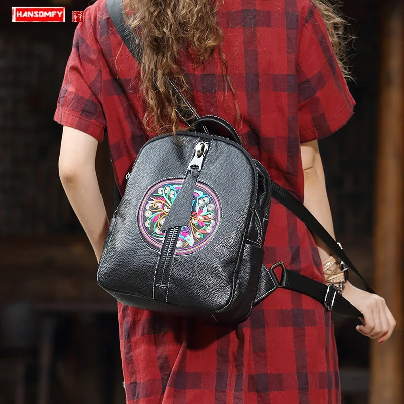 

Новинка 2022, женский рюкзак, женская сумка на плечо, кожаные повседневные маленькие рюкзаки, черный с вышивкой, большой из натуральной кожи в ...