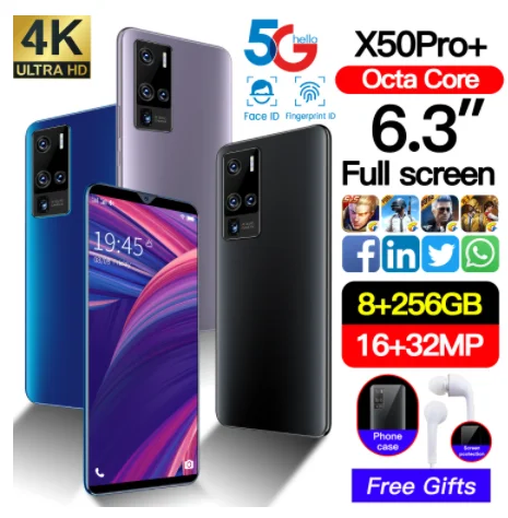 

X50 Pro+ Smartphone 6.3 Inch Android10 8+256GB Mobile Phone MTK6875 10-Core 4800mAh Battery Dual SIM Card 5G Network Cellphones