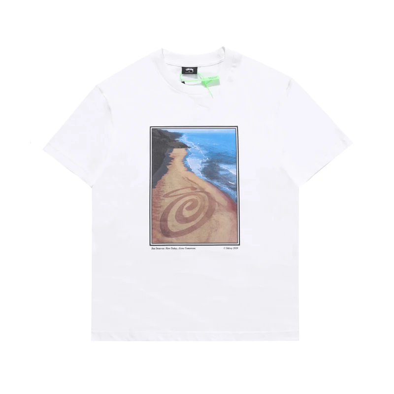 

American street style beach printed short-sleeved T-shirt for men and women 2021 summer new high street white cotton T-shirt