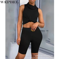 wepbel womens sexy solid color slim fit sports suit summer fashion sleeveless o neck vest high waist straight shorts suit
