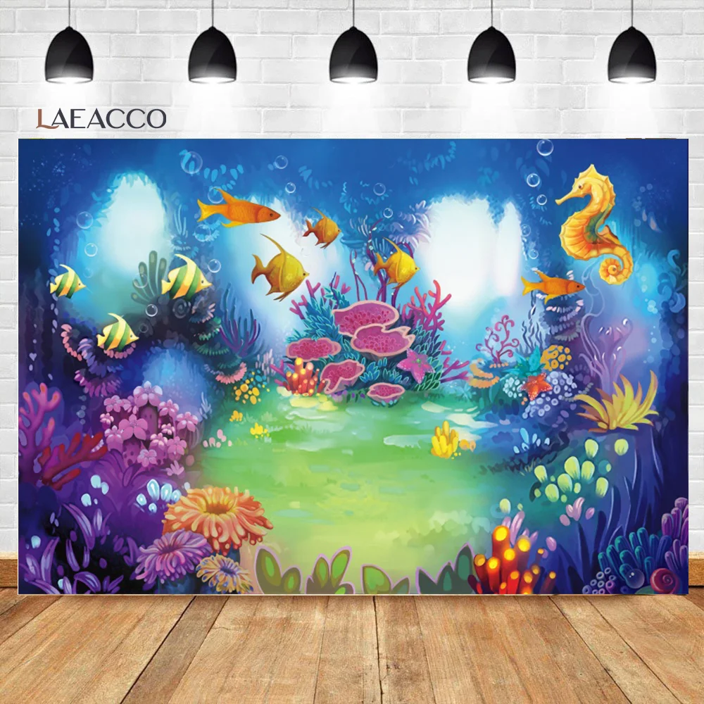 

Laeacco Мультфильм Подводный мир Приключения фон морская лошадь рыба водоросли малыш ребенок портрет фотографии фоны на заказ