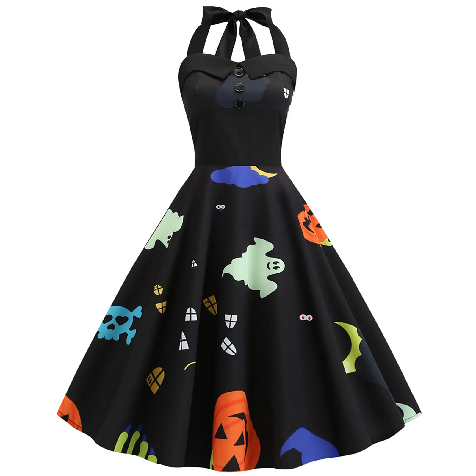 

Hillsionly Plus Size Women Casual Fashion Sleeveless V-neck Button Pumpkins Printed Halloween Dress vestidos mujer verano 2021