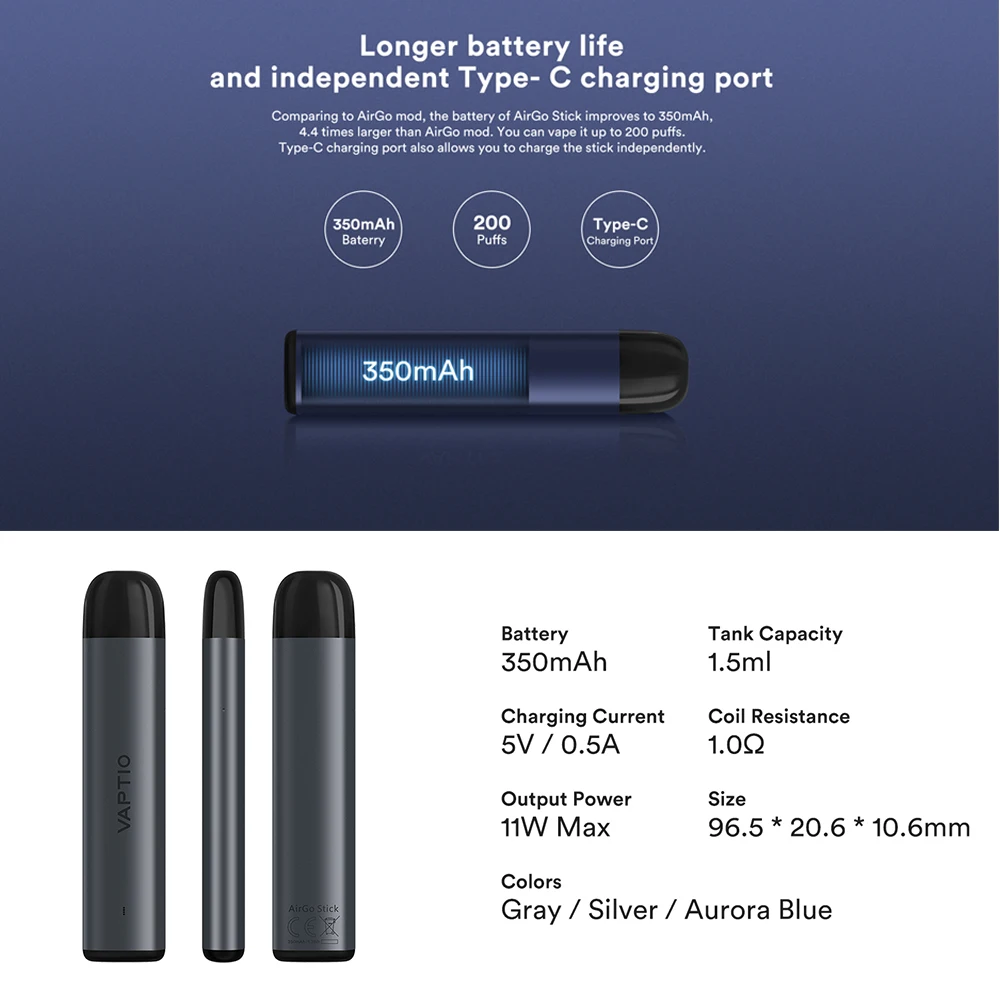 Новейшая электронная сигарета Pod Kit vape Vaptio Airgo Stick 350mAh батарея 1 5 ML картридж pod 11W Vape
