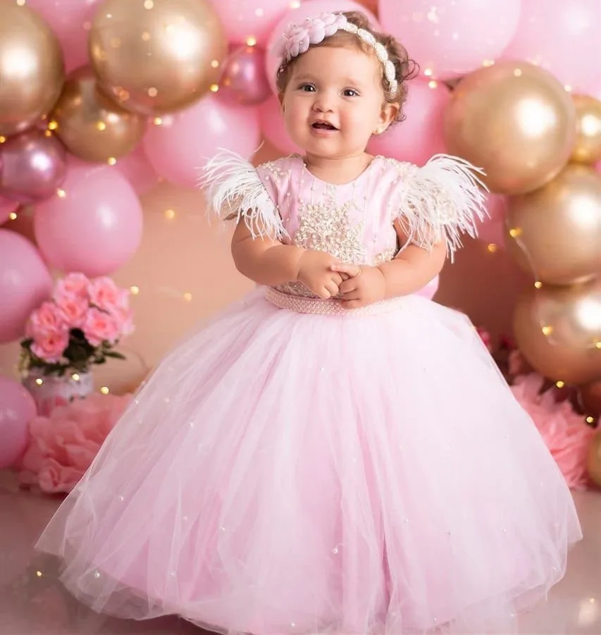 Pink Baby Girls Dresses Puffy Tulle Feather Sleeve Infant Toddler Kids Clothes First Birthday Party Gown