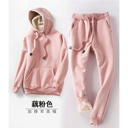 pink Зимний женский спортивный костюм из плотного флиса, спортивный костюм, теплый свитер с капюшоном+ штаны, повседневные штаны для пробежек тренировочные костюмы, комплект спортивной одежды - Цвет: pink