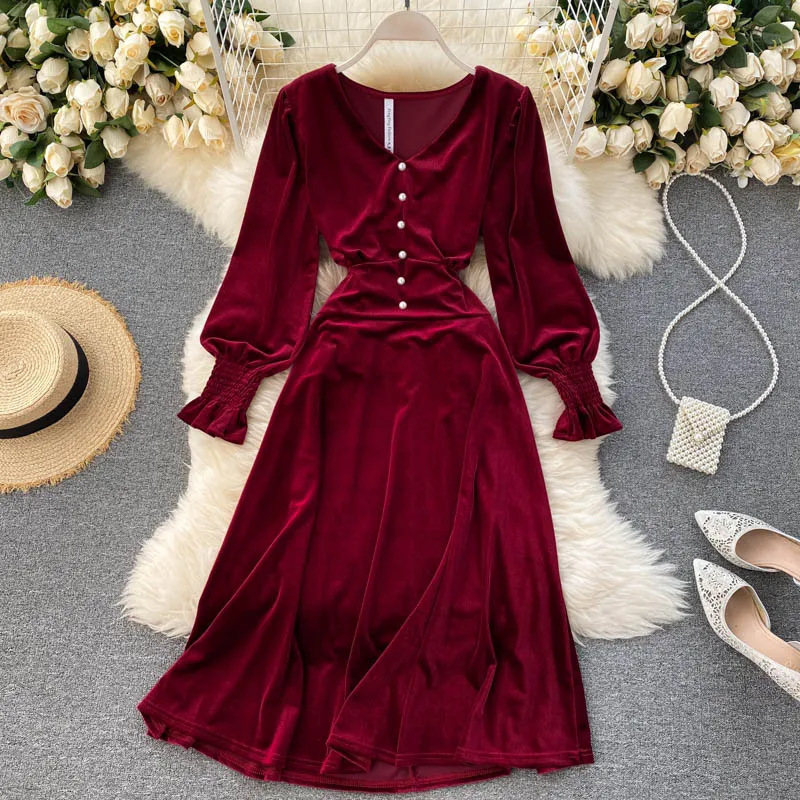 Женское бархатное платье с V-образным вырезом и застежкой на талии | Женская