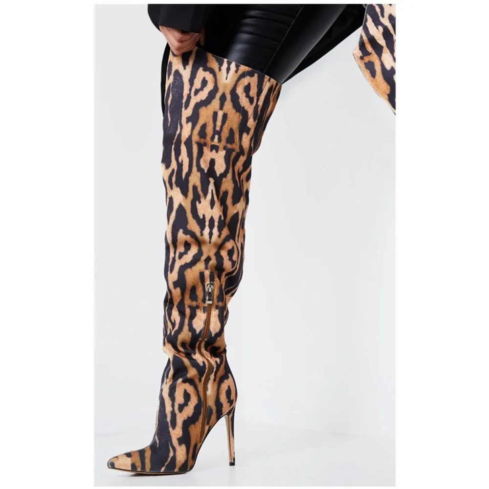 

OEING Womens Pointed Toe Leopard Over The Knee Thigh Boots Stilettos High Heel Shoes Sexy Long Luxur Mixed Colors Size