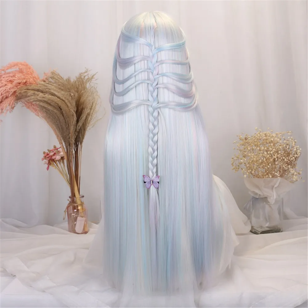 

Anime Gradient ramp Lavender mix Blue lolita Cosplay Wig Girl Hairpiece Blunt Bangs Halloween Straight hair Hair only
