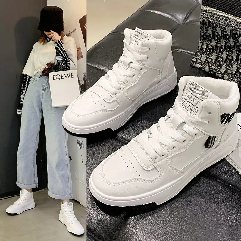 

Autumn Women's Sneakers Leather Woman Sport Shoes Lace Up Winter High Top Shoes For Woman Vulcanize Shoes Tennis Female