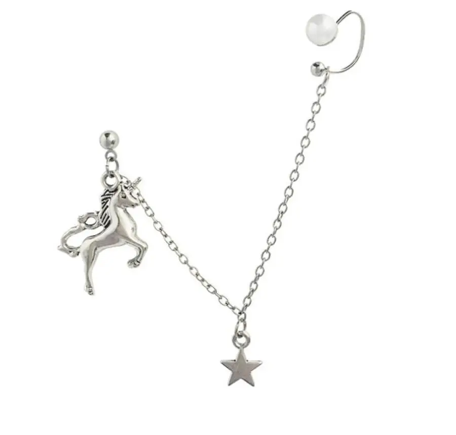 silver 1 шт. серебряный единорог tassle chian звезда серьги-гвоздики клипсы женские жемчужные крылья Летающий лошадь животное ухо манжеты серьги ювелирные украшения подарок - Окраска металла: silver