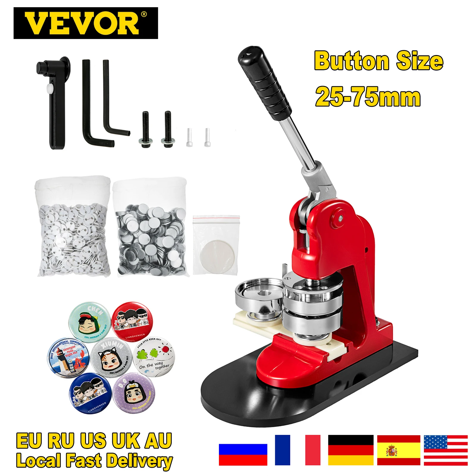 VEVOR-M&aacute;quina para Fabricaci&oacute;n de Botones Personalizados, Dispositivo para Chapas de Metal de 32 a 75 mm, Funciona Presionando Etiqueta de C&iacute;rculo, por 500 a 1000 uds.-0