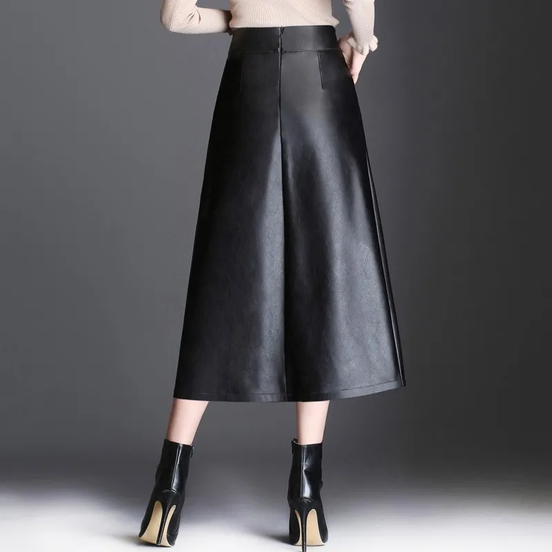 Women PU Skirt 2020 Solid Black Autumn Split Mid Length Skirts High Waist OL Quality Office Lady Female Clothes | Женская одежда